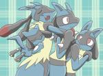 ambiguous_gender anthro black_body black_fur blue_body blue_fur fur glomp group pattern_background red_eyes simple_background surprise sikai nintendo pokemon generation_4_pokemon lucario pokemon_(species) riolu