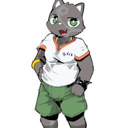 anthro black_body black_fur bottomwear bulge clothing fangs fur green_bottomwear green_clothing green_shorts happy looking_at_viewer male open_mouth shirt shorts simple_background solo teeth text topwear white_background white_clothing white_shirt white_topwear moesouna_gomi ringula domestic_cat felid feline felis mammal 1:1 2026 japanese_text