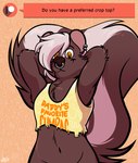 big_tail clothed clothing crop_top ear_piercing facial_piercing male markings navel nose_piercing piercing shirt solo striped_markings striped_tail stripes tail tail_markings text text_on_clothing topwear conditional_dnp cupsofjade hammock_(cupsofjade) mammal mephitid skunk english_text