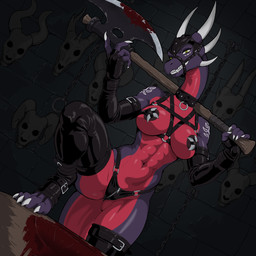 4_toes anthro armwear axe battle_axe biped blood bodily_fluids bone chopping_block claws clothing collar dried_blood evil_face evil_grin executioner feet female harness harness_only latex latex_armwear latex_clothing latex_legwear latex_stockings legwear looking_at_viewer looking_down looking_down_at_viewer skull smile solo stockings toe_claws toes zavni activision mythology spyro_the_dragon cynder dragon mythological_creature mythological_scalie scalie 1:1 hi_res
