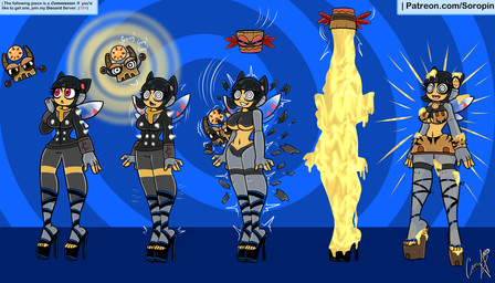 abstract_background anthro banana banana_pulp black_hair bottomwear breasts button_(fastener) clothing female food footwear fruit gong-oh grey_body hair hands_at_side happy happy_trance high_heels jacket looking_at_another mind_control motion_lines multicolored_body musical_instrument open_heel_footwear open_mouth plant red_eyes scarf shoes skirt smile spiked_jacket spiral spiral_background spiral_eyes submissive submissive_anthro submissive_female text tiki_tak_tribe topwear torn_clothing two_tone_body under_boob underwear wedge_(footwear) wings wood wood_clothing yellow_body soropin donkey_kong_(series) nintendo pokemon arthropod generation_3_pokemon insect ninjask pokemon_(species) 7:4 absurd_res colored english_text hi_res signature
