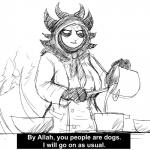 1:1 anthro big_breasts black_and_white bovid bowl breasts caprine caprine_demon clothing container cooking demon dialogue english_text female goat headgear headwear hi_res hijab hladilnik hood horn islamic mammal meme memri_tv monochrome multi_tail religion religious_clothing religious_headwear shay_(hladilnik) simple_background solo tail text