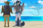 anthro beach bikini blue_eyes blue_hair bodily_fluids brown_body brown_hair clothing cloud duo feet female fluffy fluffy_tail fur green_eyes grey_body grey_fur hair looking_at_viewer multicolored_body sand scarf sky slushie sweater swimwear tail tears topwear two-piece_swimsuit two_tone_body water wings anauga1 dawn_(anauga1) dusk_(anauga1) canid canine canis mammal wolf 3:2 digital_media_(artwork) hi_res