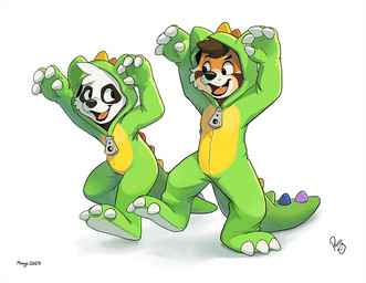 animal_onesie anthro black_body black_fur black_nose brown_hair cheek_tuft clothed clothing duo facial_tuft fur hair happy head_tuft logo male male_anthro open_mouth open_smile orange_body orange_fur short_hair simple_background smile tuft white_background white_body white_fur young young_anthro young_male pandapaco parinton ailurid bear giant_panda mammal red_panda 2024 artist_logo dated signature