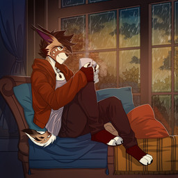 4_toes 5_fingers anthro brown_hair clothed clothing feet fingers hair inside male raining sitting smile toes window lotusgarden felid feline lynx mammal 1:1 2022 hi_res
