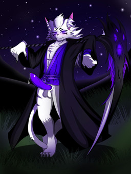 anthro balls black_nails blade_arm cat_tail clothing coat_cape colored_nails costume fur genitals grass hair halloween_costume holidays intersex intersex/male long_hair male melee_weapon muscular muscular_anthro muscular_male nails night penis plant polearm purple_clothing purple_eyes purple_penis scythe smile solo star tail weapon white_body white_fur white_hair white_tail allexplague halloween terraria cursed_alleks_(allexplague) domestic_cat felid feline felis mammal 3:4 absurd_res digital_media_(artwork) hi_res