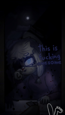 anthro behind_another blood blue_eyes bodily_fluids dialogue eye_patch eyewear female male mirror nosebleed piercing sink size_difference smile text manyanz canid canine canis lagomorph leporid mammal rabbit wolf 4k 9:16 absurd_res hi_res