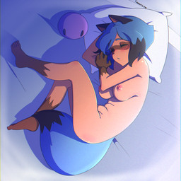 5_toes anthro barefoot black_body black_fur black_hair blue_body blue_fur blue_hair blush breasts eyes_closed facial_markings feet female fur gloves_(marking) hair head_markings humanoid_feet leg_markings markings mask_(marking) multicolored_body multicolored_fur multicolored_hair nipples nude pillow plantigrade sleeping sleeping_nude socks_(marking) solo text toes tanquito brand_new_animal studio_trigger michiru_kagemori canid canine mammal raccoon_dog tanuki 1:1 2020 artist_name
