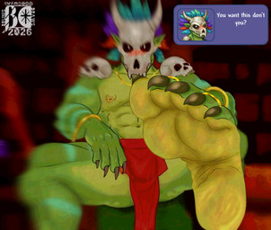 5_fingers 5_toes abs anthro black_sclera blue_body blue_feathers blush blush_lines blushing_feet bodypaint bone bone_mask bottomwear bracelet bulge claws clothing curling_toes detailed_background dialogue digit_ring ear_piercing feathers feet fingers foot_fetish foot_focus gold_(metal) gold_jewelry green_body green_skin humanoid_pointy_ears jewelry lightened_soles lights loincloth male mask muscular muscular_anthro muscular_male navel nipple_piercing nipples pecs piercing pointy_ears pupils purple_body purple_feathers red_body red_bottomwear red_clothing red_feathers red_loincloth ring scales shadow shoulder_pads sitting skull skull_mask soles solo speech_bubble staff striped_body stripes text toe_claws toe_ring toes white_pupils wrinkled_feet wrinkled_foot wrinkles brunisdraws terraria witch_doctor_(terraria) lihzahrd 2026 absurd_res detailed full-length_portrait hi_res portrait shaded signature