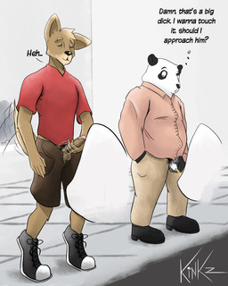 anthro balls bathroom belly bodily_fluids body_hair dialogue duo erection flaccid foreskin genital_fluids genitals hairy_balls humanoid_genitalia humanoid_penis male masturbation overweight peeing penile penile_masturbation penis pubes public realistic_penis_size retracted_foreskin speech_bubble text toilet unretracted_foreskin urinal urinal_peeking urine urine_stream kinkz bear canid canine giant_panda mammal absurd_res english_text hi_res