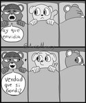 angry anthro bedding biped blanket dialogue eyes_closed group lying pillow question_mark text axismarcy unicorn_wars achuchones_(unicorn_wars) azulin_(unicorn_wars) gordi_(unicorn_wars) bear mammal 2023 absurd_res comic hi_res monochrome spanish_text translation_request