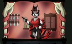 bar beer_bottle bottle brown_body clothing container cup curtains drinking_glass female glass glass_container glass_cup hat headgear headwear heart_nose heart_symbol legwear male snarling solo thigh_highs top_hat topwear vest wine_glass wings beabea. hazbin_hotel husk_(hazbin_hotel) demon felid feline mammal absurd_res hi_res
