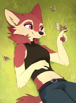 5_fingers ambiguous_gender anthro belt belt_buckle black_clothing black_shirt black_topwear breasts buckle clothing ears_up female feral fingers flying fur grass group hand_on_belly insect_wings navel outside plant purple_eyes red_body red_fur shirt sleeveless_shirt smile tan_body tan_fur topwear wings aseethe haruka_(harukahowls) arthropod canid canine canis insect lepidopteran mammal moth digital_media_(artwork) hi_res