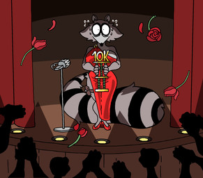 anthro award big_breasts breasts clothed clothing crowd dress electronics female female_anthro femme_fatale flower footwear fur group high_heels looking_at_viewer microphone plant pouch_(clothing) red_clothing red_dress rose_(flower) shoes shy solo stage stripes tail thief tight_clothing diegutan uva_the_raccoon mammal procyonid raccoon digital_media_(artwork) hi_res milestone_celebration