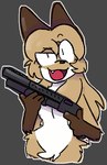 anthro brown_body brown_fur fangs female female_anthro fur gloves_(marking) gun hair leg_markings looking_at_viewer markings open_mouth ranged_weapon shotgun smug solo teeth weapon white_body white_fur conditional_dnp mdctoby12 averi_(fiddleafox) canid canine fox mammal red_fox true_fox