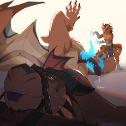 anthro anthro_on_feral bestiality black_penis blep bodily_fluids bottomwear clothed clothing disembodied_hand dripping duo erection facial_spikes feral genital_fluids genitals ghost_hand half-closed_eyes handjob horn larger_feral larger_male loincloth loincloth_only magic male male/male muzzle_(object) muzzled narrowed_eyes penile penis precum precum_drip sex size_difference smaller_anthro smaller_male spikes spikes_(anatomy) spread_legs spreading tail tongue tongue_out topless topless_anthro topless_male wings bonze mythology keden dragon mythological_creature mythological_scalie scalie 1:1 2023