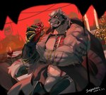 absurd_res anthro armor beard biceps candle clothing codpiece digital_drawing_(artwork) digital_media_(artwork) facial_hair felid forgetch fur gauntlets gloves hair handwear heart_symbol hi_res male mammal muscular muscular_anthro muscular_male outside pantherine tail tiger