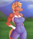 5:6 anthro bailey_(cooliehigh) big_breasts blonde_hair breasts clothed clothing cooliehigh equid equine female green_eyes hair hi_res horse looking_aside mammal muscular muscular_anthro muscular_female overalls side_boob solo