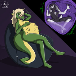 abdominal_bulge anthro bean_bag belly big_belly black_body black_fur blonde_hair blue_eyes blush bodily_fluids breasts duo female female_pred fully_inside fur green_body green_scales hair inside_stomach internal long_hair male male/female male_prey nipples nude open_mouth organs purple_insides rumbling_stomach scales simple_background sitting size_difference smile stomach stomach_acid tail thick_tail thick_thighs tongue vore white_eyes nova51405 mythology basil_(nova51405) sophie_(shyguy9) dragon lagomorph leporid mammal mythological_creature mythological_scalie rabbit scalie 1:1 hi_res