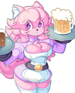 anthro beer_mug beverage breasts cleavage clothed clothing container cup female fur holding_object holding_plate pink_body pink_fur plate small_waist solo thick_thighs wide_hips zipskyblue hanako_(zipskyblue) felid feline mammal 4:5 hi_res