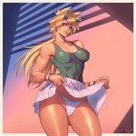 athletic athletic_female blonde_hair bodily_fluids bottomwear breasts clothed clothing clothing_lift ear_piercing ear_ring female green_eyes hair horn humanoid_pointy_ears not_furry panties piercing pointy_ears ring_piercing shirt skirt skirt_lift solo sweat topwear underwear ogami asian_mythology east_asian_mythology japanese_mythology mythology demon humanoid oni yokai 1:1 2022 hi_res