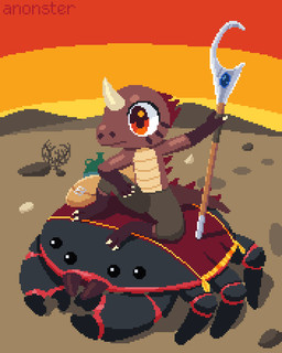 4_eyes 6_legs ambiguous_gender anthro bipod black_carapace black_shell bottle bottomwear brown_body brown_bottomwear brown_clothing brown_pants brown_scales brown_skin carpet claws clothing container countershading desert duo facial_markings feral gloves_(marking) head_markings hook horn mandibles markings mountain multi_eye orange_eyes orange_sky pants pincers red_carapace red_shell red_sky red_spikes rock scales seat shell sitting sky staff tail tan_body tan_claws tan_horn tan_scales tumbleweed anonster animal_humanoid arthropod crab crustacean decapod humanoid lizard_humanoid malacostracan reptile reptile_humanoid scalie scalie_humanoid 4:5 digital_media_(artwork) pixel_(artwork) watermark