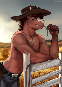 5_fingers anthro backlighting belt biped black_belt blue_bottomwear blue_clothing blue_pants bodily_fluids bottomwear brown_body brown_clothing brown_eyebrows brown_eyes brown_fur brown_hair brown_hat brown_headwear chest_markings clothed clothed_anthro clothed_male clothing cloud eyebrows facial_markings fingernails fingers fur furgonomic_hat furgonomic_headwear furgonomics grin grinning_at_viewer hair hat head_markings headgear headwear humanoid_hands leaning leaning_forward light looking_at_viewer male male_anthro markings nails navel outside pants pupils sky smile smiling_at_viewer solo standing sweat teeth three-quarter_view topless topless_anthro topless_male white_inner_ear white_markings white_sclera spuydjeks kenneth_(grippusavium) equid equine horse mammal 2025 digital_media_(artwork) hi_res lighting portrait three-quarter_portrait