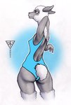 anthro breasts butt butt_pose clothed clothing eyelashes feet female hair one-piece_swimsuit pose simple_background solo standing swimwear toes white_hair ecmajor bovid caprine mammal sheep 2022 digital_media_(artwork) hi_res signature traditional_media_(artwork)