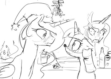 blush drunk feathered_wings feathers female feral group holidays horn substance_intoxication wings silfoe christmas friendship_is_magic hasbro my_little_pony mythology princess_celestia_(mlp) princess_luna_(mlp) twilight_sparkle_(mlp) equid equine mammal mythological_creature mythological_equine winged_unicorn 2015 monochrome