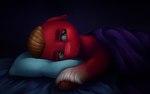 bed ears_down eyebrows feral fur furniture green_eyes hooves lying male on_side pillow pivoted_ears red_body sad solo thick_eyebrows tuft malarkey_(artist) hasbro mlp_g5 my_little_pony sprout_cloverleaf_(mlp) earth_pony equid equine horse mammal pony