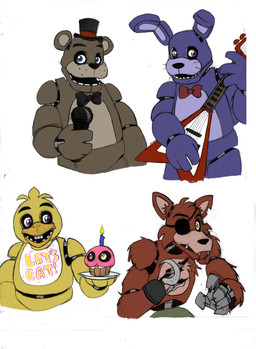 anthro bow_(feature) bow_tie clothing electric_guitar electronics exposed_endoskeleton eye_patch eyewear guitar hat headgear headwear hook hook_hand machine microphone musical_instrument pirate playing_guitar playing_music plucked_string_instrument simple_background string_instrument top_hat white_background five_nights_at_freddy's scottgames bonnie_(fnaf) chica_(fnaf) cupcake_(fnaf) foxy_(fnaf) freddy_(fnaf) animatronic avian bear bird canid canine chicken fox galliform lagomorph leporid mammal phasianid rabbit robot digital_media_(artwork) hi_res