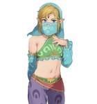 armwear blue_eyes clothed clothing crossdressing femboy gerudo_outfit humanoid_pointy_ears jewelry looking_at_viewer male not_furry simple_background solo veil foxvulpine breath_of_the_wild nintendo the_legend_of_zelda link elf humanoid hylian