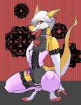 anthro armwear bulge clothed clothing collar corset crossdressing crouching digitigrade dress elbow_gloves femboy fingerless_gloves fur garter_straps gloves grey_hair hair handwear kemono legwear lingerie male solo stockings tail thigh_highs tongue topwear wide_hips hyakuasi_hone johnsergal_(character) mammal sergal