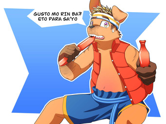 accessory adolescent asong_gubat asong_kalye aspin bodily_fluids bottomwear clothing dialogue headband male navel shirtless_male solo sweat sweatdrop text topwear vest young young_male funnybox forgotten_island raww_(forgotten_island) askal canid canine humanoid mammal sigbin werecanid werecanine werecreature weredog 4:3 translation_request