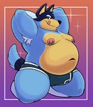 anthro armpit_hair belly big_belly big_bulge blue_body blue_fur body_hair bulge clothed clothing fur hands_behind_head kneeling licking licking_lips looking_at_viewer male mature_male moobs navel nipple_piercing nipple_ring nipples overweight overweight_male piercing pose raised_arms ring_piercing seductive solo sparkles tail thick_thighs tongue tongue_out underwear underwear_only calzone_(artist) bluey_(series) bandit_heeler australian_cattle_dog canid canine canis cattledog domestic_dog herding_dog mammal pastoral_dog 2025 full-length_portrait hi_res pinup portrait
