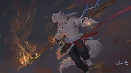 abs anthro black_bottomwear black_clothing black_pants blue_eyes bottomwear clothed clothing front_view fur hair holding_melee_weapon holding_object holding_polearm holding_spear holding_weapon jewelry male melee_weapon mouth_closed muscular muscular_anthro muscular_male neck_tuft necklace pants pecs polearm red_stripes simple_background solo spear striped_arms stripes tail topless tuft weapon white_body white_fur white_hair white_tail awaldkize canid mammal 16:9 absurd_res hi_res widescreen
