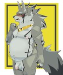 anthro balls belly black_sclera blush flaccid fur genitals green_eyes grey_body grey_fur jewelry male moobs necklace nipples nude overweight overweight_male penis solo striped_body striped_fur stripes coolietf lifewonders tokyo_afterschool_summoners seth_(tas) canid canine canis jackal mammal 5:6 hi_res