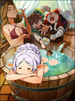 accessory arm_support bandage barrel bent_arm black_clothing blonde_hair bloodshot_eyes bodily_fluids bra brown_hair building butt cape cat_smile clothing coat container crossed_arms crying cup curtains day drinking dropping_object eyebrows eyes_closed faucet female floor flowing_water fluffy fluffy_hair gaping_mouth gesture glass glass_container glass_cup green_clothing grin group hair hair_accessory hairpin hand_gesture hand_on_another's_head head_on_arm high-angle_view holding_object humanoid_pointy_ears inside interior_background jealous kitchen_utensils ladle leaning leaning_forward leaning_on_object long_hair lying male nude on_front open_mouth open_window partially_submerged pointy_ears pulling_hair purple_hair reaching_for_object reaching_towards_viewer red_bra red_clothing red_coat red_hair red_topwear red_underwear smile splashing_water standing steam supporting_breasts swimming_pool tears thick_eyebrows tied_hair tile tile_floor tongue tongue_out tools toony topwear touching_hair underwear wood wood_floor snegovski frieren_beyond_journey's_end konosuba:_god's_blessing_on_this_wonderful_world! patreon fern_(frieren) frieren methode_(frieren) satou_kazuma stark_(frieren) elf human humanoid mammal 2026 absurd_res cel_shading digital_media_(artwork) digital_painting_(artwork) hi_res painting_(artwork) shaded signature