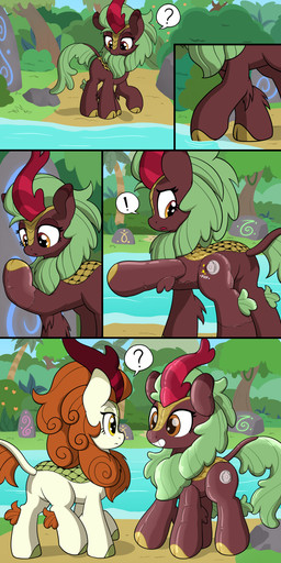 amber_eyes brown_eyes cloven_hooves creek duo exclamation_point female feral green_hair hair hooves horn inflatable inflatable_transformation question_mark transformation water skitterpone friendship_is_magic hasbro my_little_pony mythology autumn_blaze_(mlp) cinder_glow_(mlp) animate_inanimate dragon kirin living_inflatable mythological_creature mythological_scalie scalie 1:2 absurd_res comic hi_res