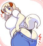 anthro ass_too_fat big_breasts big_butt black_clothing black_panties black_underwear blonde_hair blue_eyes bottomwear breasts butt clothed clothing denim denim_bottomwear denim_clothing dressing emanata female fur hair jeans kemono looking_at_viewer looking_back looking_back_at_viewer open_mouth overweight overweight_female panties pants rear_view shirt solo surprise thong topwear underwear yellow_body yellow_fur kin-shun mai_(kin-shun) canid canine canis domestic_dog mammal hi_res