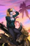 5_fingers anthro black_nose blonde_hair breasts clothed clothing day detailed_background eyelashes female fingers hair motorcycle outside sky smile solo vehicle margony canid canine canis domestic_dog mammal 2018 digital_media_(artwork) hi_res