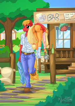 anthro anthrofied blonde_hair bottle bottomless butt carrying_another clothed clothing container cutie_mark drunk duo female fence footwear genitals glass hair holding_object legwear long_hair male male/female outside plant shoulder_carry smile socks substance_intoxication text tree vulva window mysticalpha friendship_is_magic hasbro my_little_pony applejack_(mlp) big_macintosh_(mlp) earth_pony equid equine horse mammal pony 2015 english_text hi_res brother_(lore) brother_and_sister_(lore) sibling_(lore) sister_(lore)