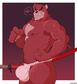 anthro armpit_hair asian_clothing barazoku big_bulge body_hair bulge clothed clothing east_asian_clothing flexing flexing_bicep fundoshi fundoshi_only fur heart_symbol japanese_clothing katana male melee_weapon muscular muscular_anthro muscular_male nipples red_body red_fur scabbard simple_background smile solo standing sword topless underwear underwear_only weapon retsito the_boy_and_the_beast kumatetsu bear mammal