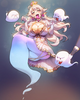 alternate_species big_breasts blush bodily_fluids breasts butt cleavage clothed clothing crown dress ear_piercing female floating gloves group hair handwear headgear humanoid_pointy_ears humanoidized long_hair looking_at_viewer not_furry piercing pointy_ears sharp_teeth simple_background smile star_eyes super_crown sweat teeth tongue tongue_out white_hair muloli luigi's_mansion mario_bros nintendo boosette king_boo boo_(mario) ghost humanoid spirit 2018 absurd_res digital_media_(artwork) hi_res