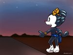 anthro bottomwear butt clothing female hitchhiking outside pants road shorts smile solo standing sunset 8horns animaniacs warner_brothers dot_warner mammal 2006