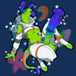 3_fingers alien_genitalia animal_genitalia animal_penis antennae_(anatomy) anthro balls big_balls big_penis blue_penis blue_tongue breasts cleavage clothed clothing crescent_moon crop_top digitigrade dripping equine_genitalia equine_penis fingers genitals green_body green_eyes gynomorph intersex moon navel penis shirt spacesuit star tail thick_thighs tongue tongue_out topwear under_boob vein veiny_penis knil_(artist) alien alien_humanoid humanoid 1:1 alpha_channel