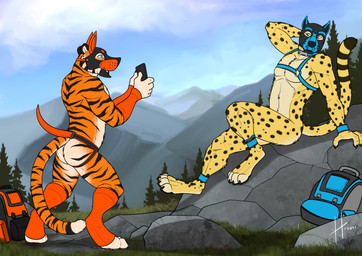 animal_mask anthro armwear athletic athletic_anthro athletic_male backpack blue_eyes blue_harness butt clothing day duo fake_tail fur glistening glistening_eyes grass grey_eyes harness legwear male male_anthro markings mask nude orange_armwear orange_clothing orange_legwear outside plant pose pup_mask rock sitting spots spotted_arms spotted_body spotted_fur spotted_legs spotted_markings spotted_tail standing star striped_back striped_body striped_fur striped_legs striped_markings striped_neck striped_tail stripes tail tail_markings wearing_mask hufnaar hufnaar_(character) cheetah felid feline mammal pantherine tiger 2021 absurd_res dated hi_res