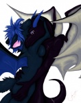 anthro blue_body blue_fur breasts butt duo female fur horn interspecies male male/female membrane_(anatomy) membranous_wings non-mammal_breasts romantic romantic_couple scar side_view simple_background tail white_background wings ember_gryphon european_mythology mythology eli_(aurali) zato dragon mythological_creature mythological_scalie scalie western_dragon hi_res