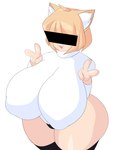 big_breasts blonde_hair breasts censor_bar censored_face clothing double_v_sign female gesture hair hand_gesture huge_breasts huge_hips huge_thighs ineffective_censorship inner_ear_fluff nipple_outline open_mouth shirt solo thick_thighs topwear tuft v_sign white_body white_skin wide_hips cytrusawa tsukihime type-moon neco-arc animal_humanoid cat_humanoid felid felid_humanoid feline feline_humanoid humanoid mammal mammal_humanoid absurd_res censored hi_res