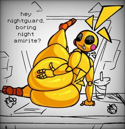 anthro avian_feet beakless big_butt black_sclera butt dialogue feathers female grey_background hand_on_butt head_feathers head_tuft huge_butt looking_at_viewer looking_back looking_back_at_viewer lying machine on_side raised_leg rosy_cheeks sharp_teeth simple_background smile solo tail tail_feathers talking_to_viewer teeth text thick_thighs tuft white_eyes wide_hips nanodude78 five_nights_at_freddy's five_nights_at_freddy's_2 scottgames toy_chica_(fnaf) animatronic avian bird chicken galliform phasianid robot 2025 digital_media_(artwork) hi_res